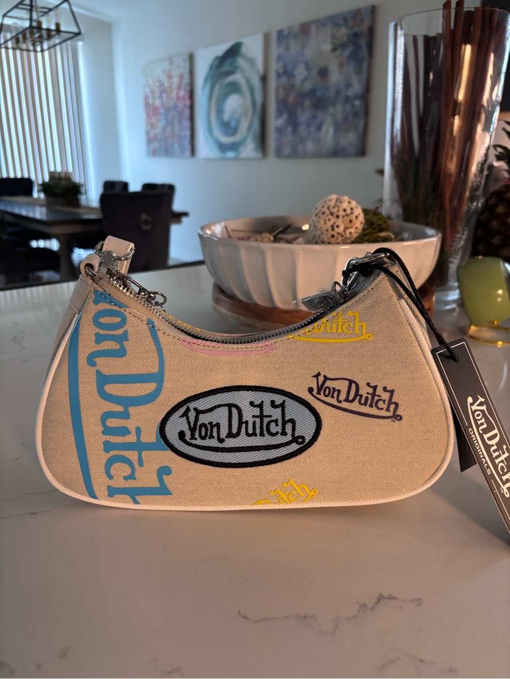 Von Dutch Beige Canvas Mini Bag with Pastel Logo